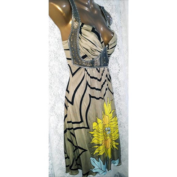 NWT Sky Sz Med Silk and Leather Gladiator Style Empire Waist Dress - Picture 8 of 10